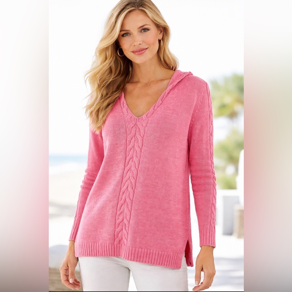 TOMMY BAHAMA Tuberose Pink COASTAL
CABLE KNIT Hoodie Cotton Linen Sweater
Sz M
